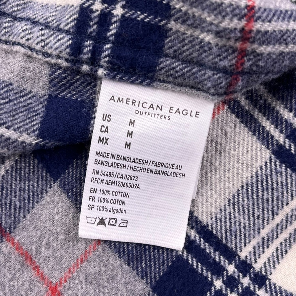 American Eagle Mens Super Soft Flannel Shirt Plaid Navy Grey Red Size Medium Y2K - Picture 6 of 9